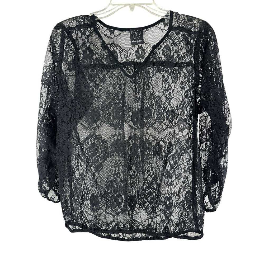 Ella Moss Black Open Lace Top Blouse Sz M Whimsigoth Dark Romantic Vamp Goth